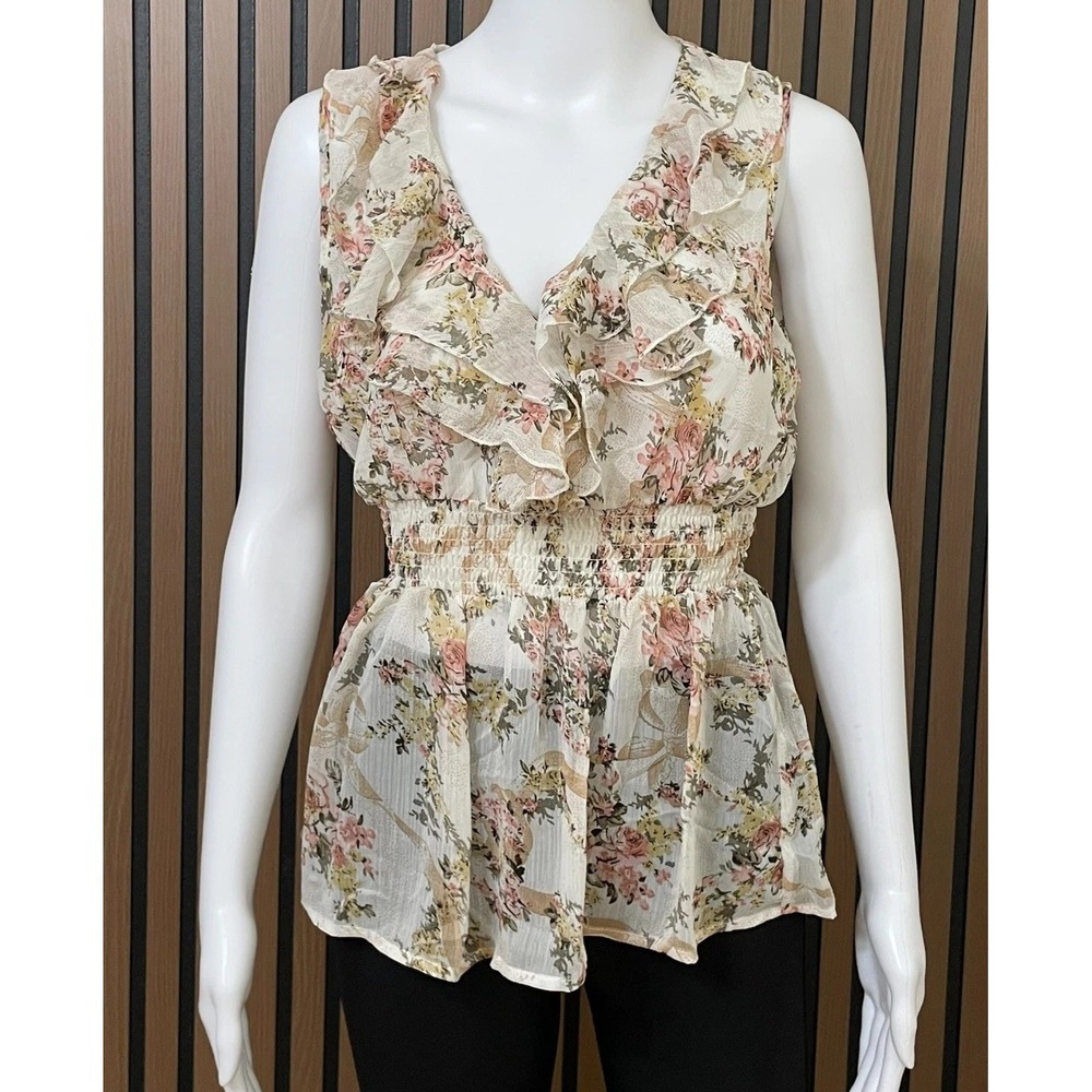 Anthropologie Poetry‎ Women's S Pink Tank Top Poly Blouse Ruffle Peplum Hem Boho